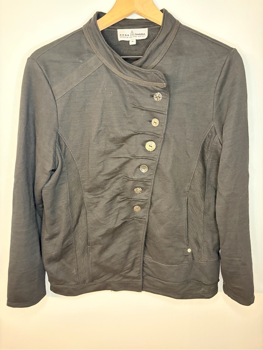 Neon Buddha Women’s Black Asymmetrical Jacket w/ Unique Buttons, Size Medium